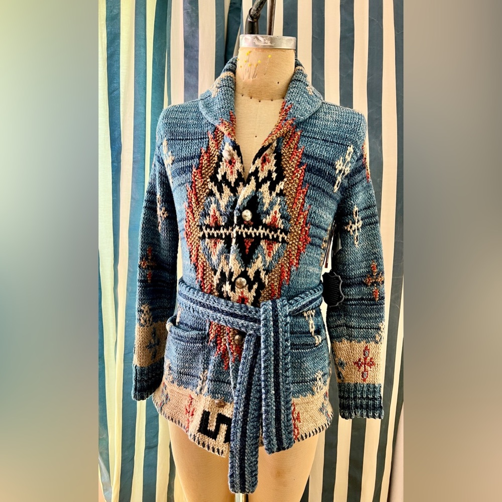 New with tags, RRL hand knit cotton belted cardigan.